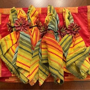Set of 6-Colorful Striped Napkins, 6 Floral Napkin Rings, and Red Placemats